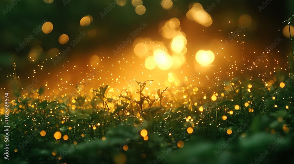 A field of green grass with bokeh lights and a soft, warm glow. A field of green grass with bokeh lights and a soft, warm glow.