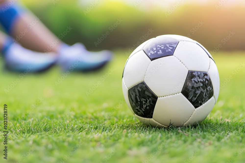 Fototapeta premium A soccer ball on grass with a player in the background during practice