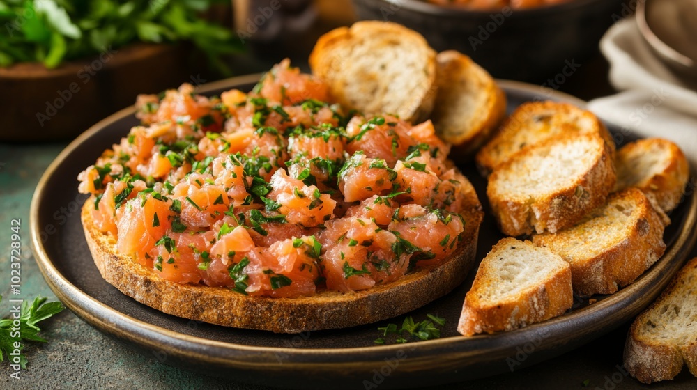 Fresh Salmon Tartare on Rustic Bread Platter Fresh Salmon Tartare on Rustic Bread Platter