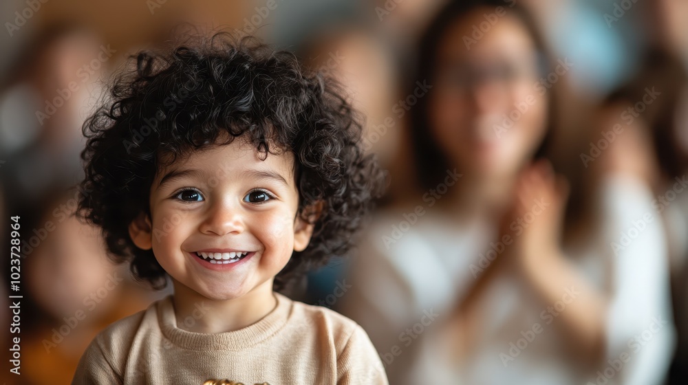 A joyful toddler with curly hair beams a radiant smile as a blurred figure claps in the background, capturing a moment full of innocence and happiness. A joyful toddler with curly hair beams a radiant smile as a blurred figure claps in the background, capturing a moment full of innocence and happiness.