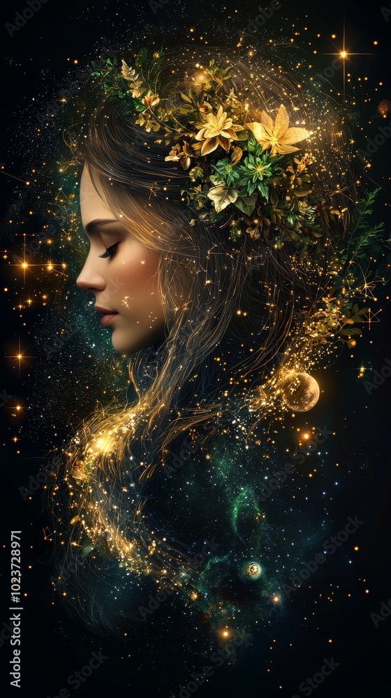 A mystical portrait of a woman surrounded by stars, flowers, and cosmic elements A mystical portrait of a woman surrounded by stars, flowers, and cosmic elements