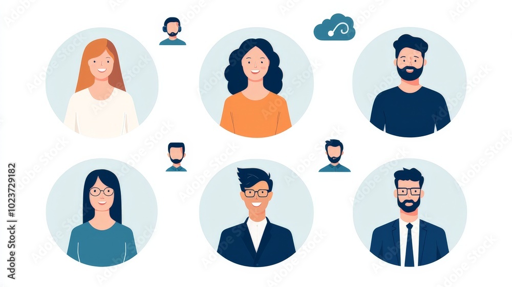 Diverse Team of Professionals Connected by Cloud Computing Technology - Collaboration and Communication Concept Illustration Diverse Team of Professionals Connected by Cloud Computing Technology - Collaboration and Communication Concept Illustration