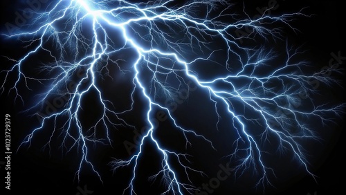 Long exposure image of lightning striking a tree branch against a black background