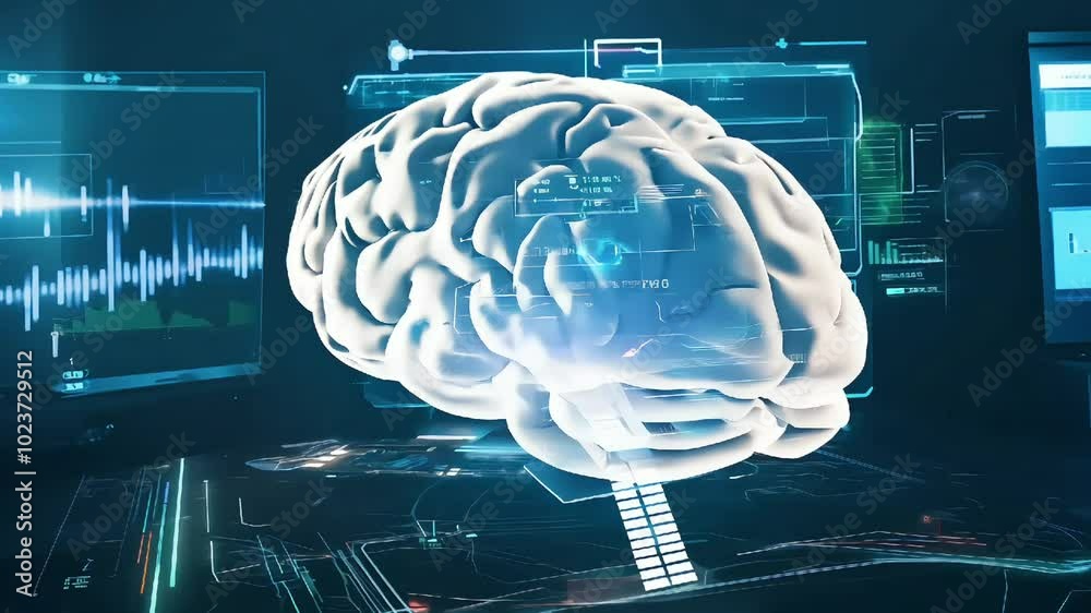Futuristic digital hologram of a brain surrounded by data visuals, symbolizing artificial intelligence and technology. Futuristic digital hologram of a brain surrounded by data visuals, symbolizing artificial intelligence and technology.