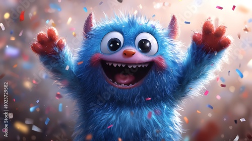 A cheerful blue monster with horns and large eyes smiles happily as confetti falls around him.