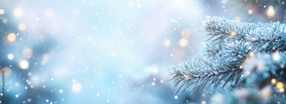 Christmas background. Xmas tree with snow decorated with garland lights, holiday festive background. Widescreen frame backdrop. New year Winter art design, Christmas scene wide screen holiday border