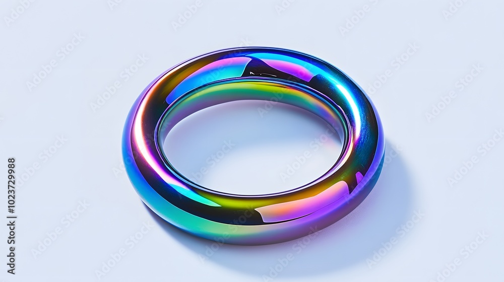 Fototapeta premium A solid, iridescent metal O-shaped ring on a white background
