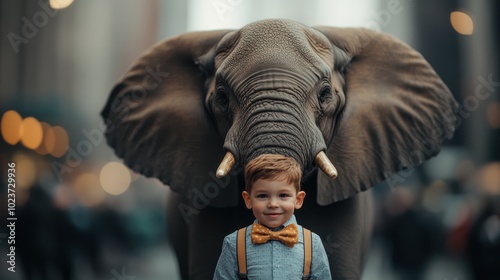 A child stands before an elephant in the city with a blurry background, highlighting the majestic presence of the animal against the everyday urban environment. photo