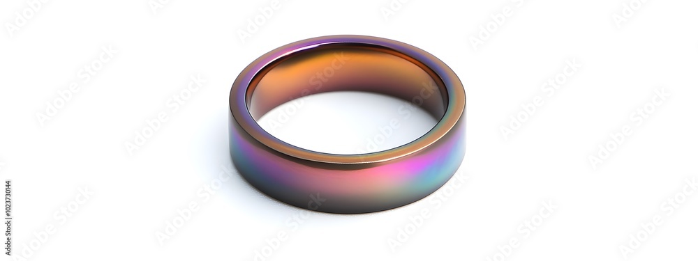 A solid, iridescent metal O-shaped ring on a white background A solid, iridescent metal O-shaped ring on a white background