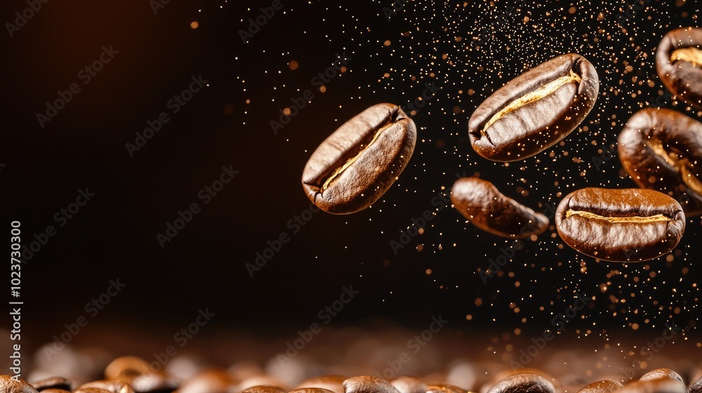 Coffee beans flying in the air, dark background, dynamic and energetic movement. Coffee beans flying in the air, dark background, dynamic and energetic movement.