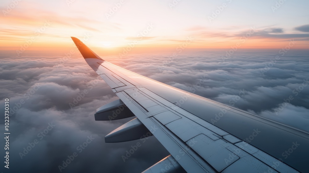 A tranquil scene of an airplane's wing slicing through soft clouds, highlighted by the serene colors of a sunset, conjuring emotions of peace and wonder. A tranquil scene of an airplane's wing slicing through soft clouds, highlighted by the serene colors of a sunset, conjuring emotions of peace and wonder.