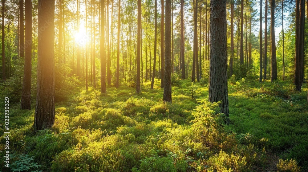 Fototapeta premium Sunlight shining through a forest of tall pine trees with green undergrowth.
