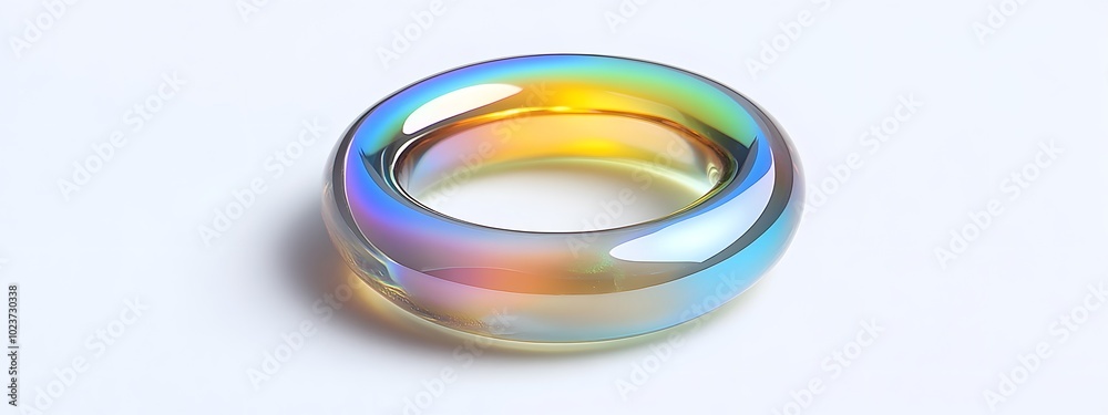 A solid, iridescent metal O-shaped ring on a white background A solid, iridescent metal O-shaped ring on a white background