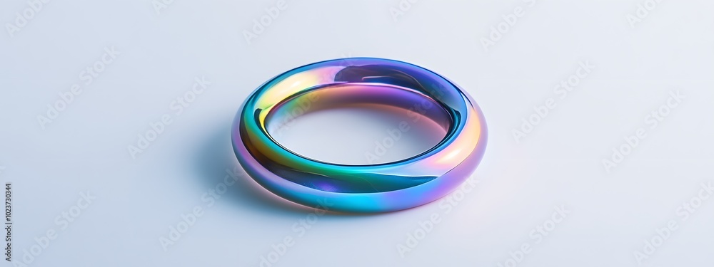 A solid, iridescent metal O-shaped ring on a white background