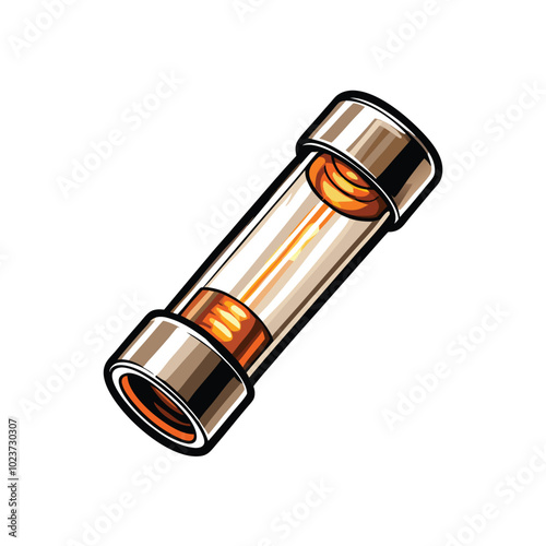 A detailed vector illustration of an electronic fuse with a transparent glass body and a visible orange fuse wire.