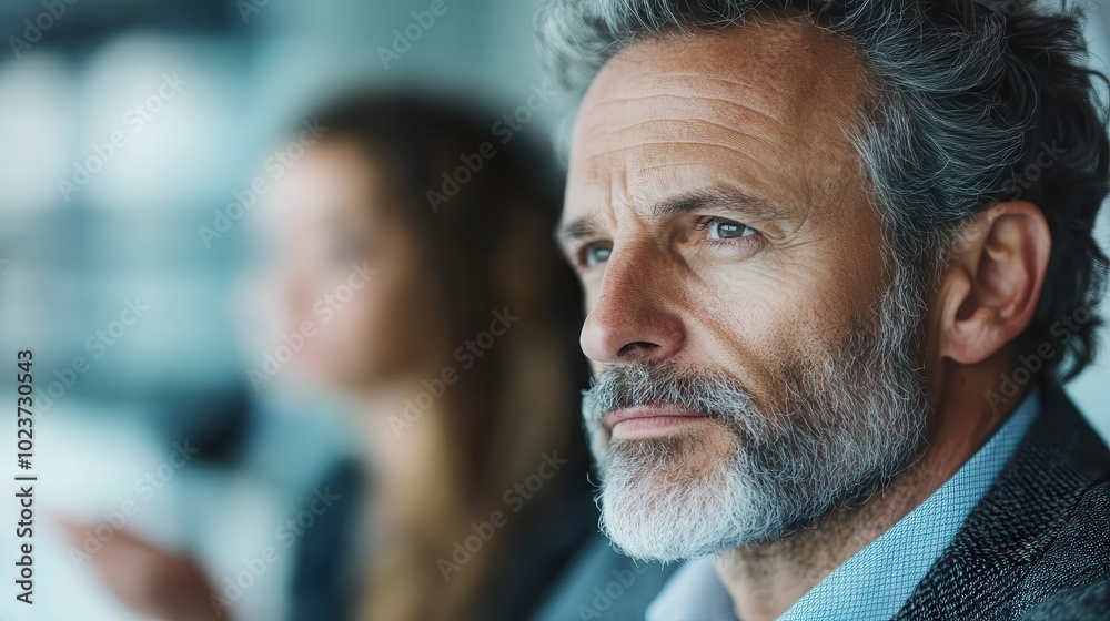 A reflective man with a beard gazes thoughtfully into the distance, sitting indoors with a blurred female figure in the background suggesting a conversation. A reflective man with a beard gazes thoughtfully into the distance, sitting indoors with a blurred female figure in the background suggesting a conversation.