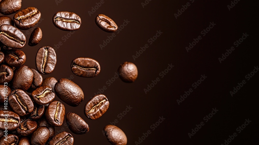 Freshly roasted coffee beans on a dark background, ideal for beverage-related designs.