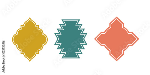 Islamic architecture windows set. Green, red and yellow arabic frames. East asian geometric patterns. Interior and exterior element. Flat vector collection isolated on white background