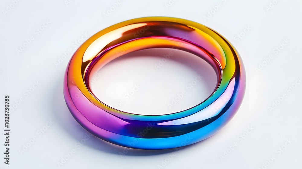 A solid, iridescent metal O-shaped ring on a white background A solid, iridescent metal O-shaped ring on a white background