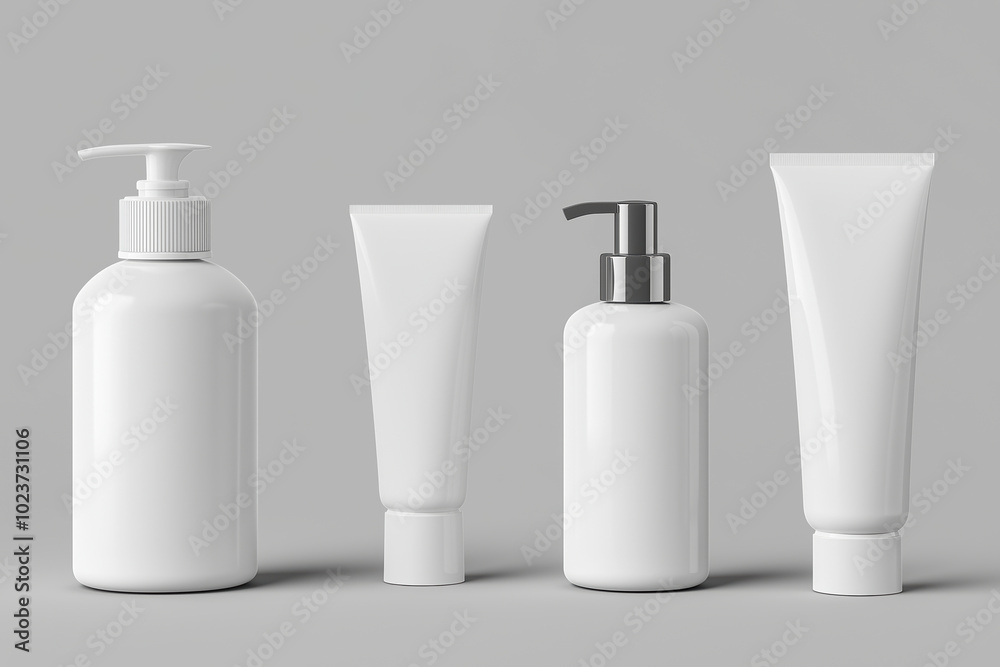 Various white packaging containers for skincare products arranged on a gray background Various white packaging containers for skincare products arranged on a gray background