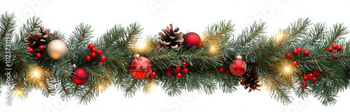Seamless decorative christmas border with lights garland and coniferous branches isolated on transparent background