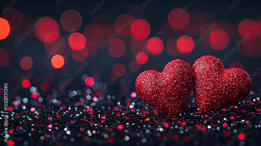 Two glittery red hearts on a sparkling background of lights. Two glittery red hearts on a sparkling background of lights.