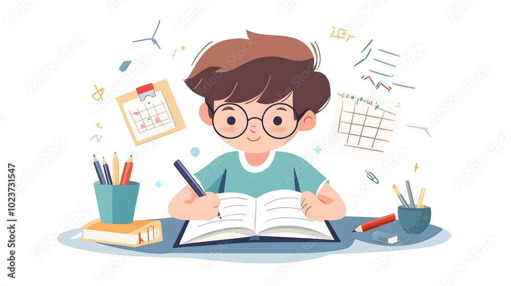 A boy is doing homework, in a simple flat illustration style with cartoon characters and lines, doodle style A boy is doing homework, in a simple flat illustration style with cartoon characters and lines, doodle style