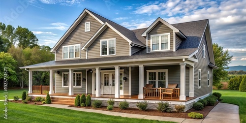 Long shot grey modern farmhouse exterior with vinyl and wood siding and covered porch