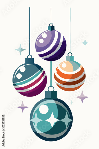 Vibrant illustration of hanging Christmas baubles with sparkling stars, ideal for festive decorations