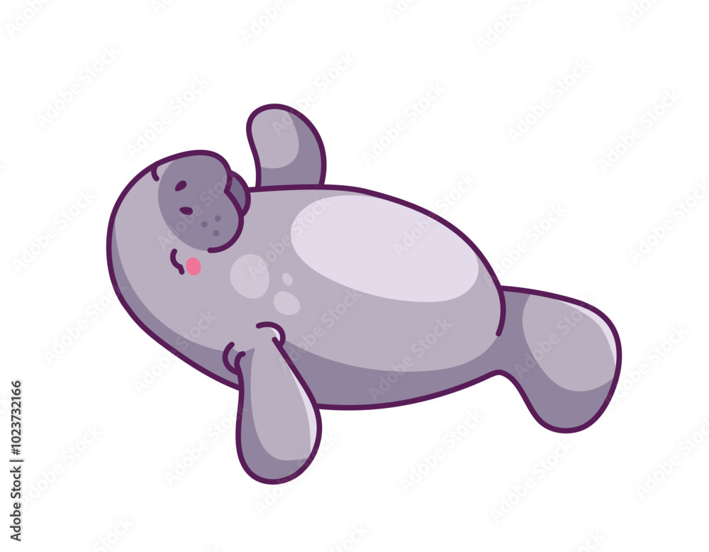 Cute manatee sticker. Adorable character with fins. Arctic mammal mascot. Underwater world, sea and ocean fauna. Creature and sea cow. Flat vector illustration isolated on white background Cute manatee sticker. Adorable character with fins. Arctic mammal mascot. Underwater world, sea and ocean fauna. Creature and sea cow. Flat vector illustration isolated on white background