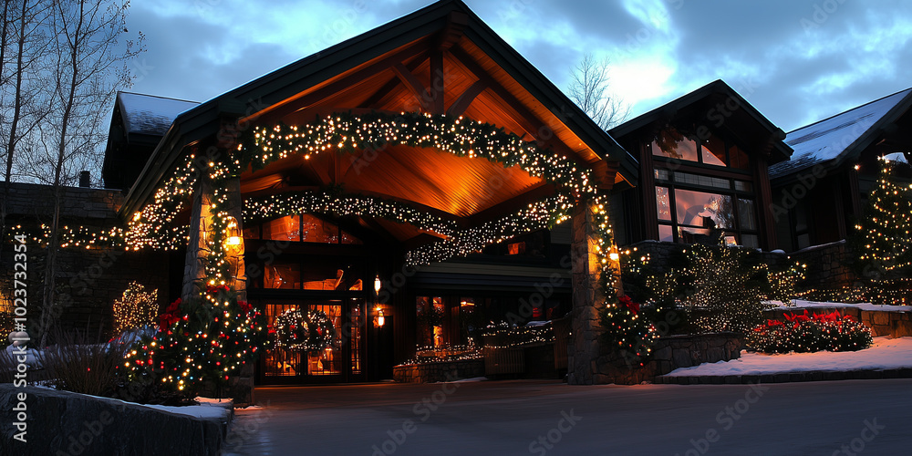 Obraz premium A warm, inviting lodge adorned with twinkling Christmas lights.
