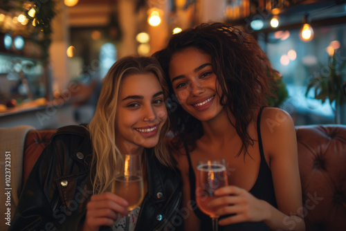Two young women sitting together  sharing smiles and glass of wine  enjoying relaxed and friendly conversation  representing bonds of sisterhood and companionship