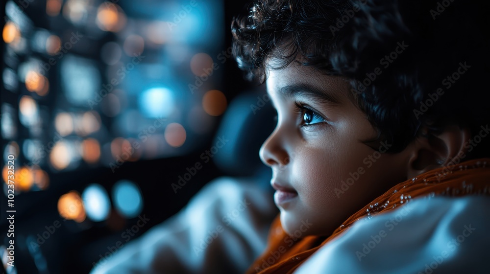 A child in a futuristic setting, captivated by an array of illuminated cockpit controls, his eyes reflecting curiosity and imagination, surrounded by a vibrant glow. A child in a futuristic setting, captivated by an array of illuminated cockpit controls, his eyes reflecting curiosity and imagination, surrounded by a vibrant glow.