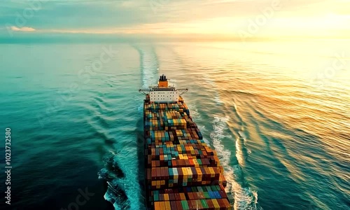 Cargo Ship Transporting Containers Across Ocean