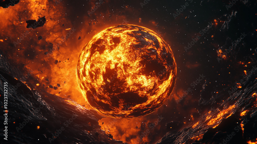 A fiery planet burns brightly in a star-studded sky. A fiery planet burns brightly in a star-studded sky.