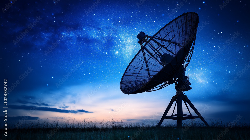 A silhouette of a satellite dish against a starlit sky at night. A silhouette of a satellite dish against a starlit sky at night.