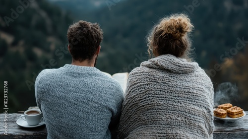 A couple sits with their backs facing us, on a wooden bench surrounded by nature. They're wrapped in warm blankets, reading and enjoying pastries and coffee together. photo