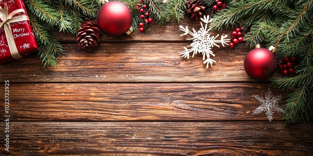A festive arrangement of Christmas decorations, including baubles, pinecones, and a present A festive arrangement of Christmas decorations, including baubles, pinecones, and a present