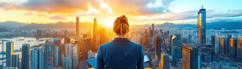 A modern businesswoman stands confidently on a rooftop terrace at sunset, using a tablet with a city skyline backdrop A modern businesswoman stands confidently on a rooftop terrace at sunset, using a tablet with a city skyline backdrop