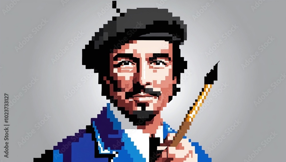 Pixelated portrait of an artist with a beret and paintbrush Pixelated portrait of an artist with a beret and paintbrush