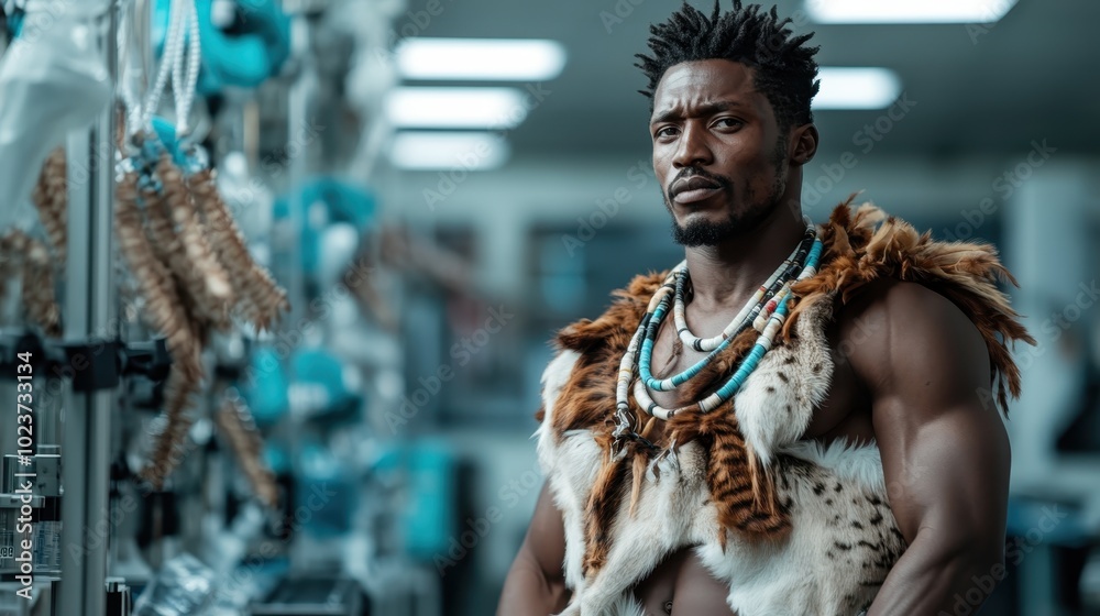 A thoughtful man dressed in tribal attire stands in a modern lab, harmoniously integrating culture with technology, reflecting depth and introspection, captivatingly.