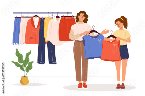 Mother with daughter picks new fashioned clothes in shop. Cartoon vector illustration of young woman and child near hanger with different clothes in apparel boutique. Family look shopping in store