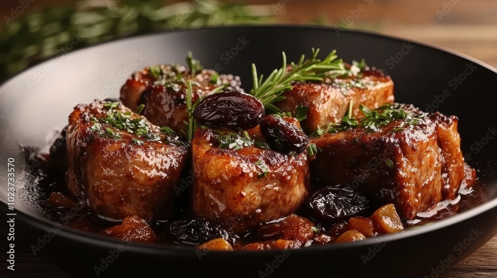 Juicy pork medallions glazed and topped with caramelized fruits, nestled in a rich, dark sauce, offering a delectable blend of flavors and textures. Juicy pork medallions glazed and topped with caramelized fruits, nestled in a rich, dark sauce, offering a delectable blend of flavors and textures.