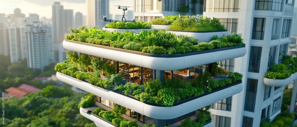 An AI-powered urban garden features smart sensors and drones, blending technology with nature amidst high-rise buildings An AI-powered urban garden features smart sensors and drones, blending technology with nature amidst high-rise buildings