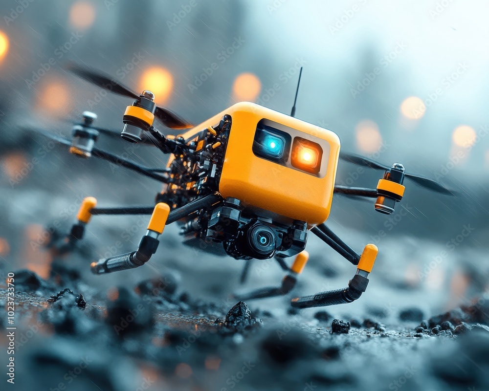 Drones and robotic vehicles conduct a high-tech rescue operation in an intense disaster zone, emphasizing teamwork and efficiency Drones and robotic vehicles conduct a high-tech rescue operation in an intense disaster zone, emphasizing teamwork and efficiency