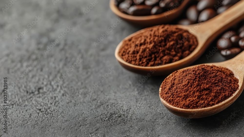 Two wooden spoons filled with fine ground coffee sit alongside roasted coffee beans, offering a rich texture and hinting at the brewing possibilities. Two wooden spoons filled with fine ground coffee sit alongside roasted coffee beans, offering a rich texture and hinting at the brewing possibilities.