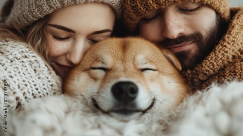 A warm and heartwarming scene of a couple in knitted sweaters embracing a smiling dog, capturing genuine love, warmth, and happiness in their shared presence. photo