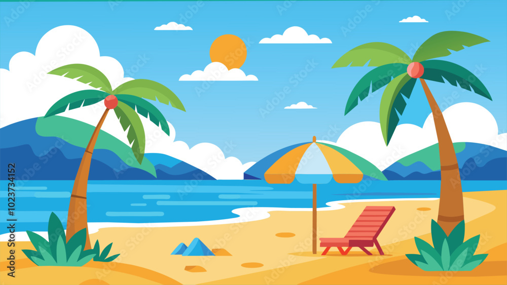 Fototapeta premium Tropical Beach Paradise with Palm Trees, Sun, and a Chair