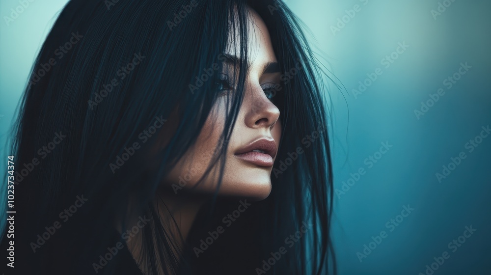 A close-up side profile of a woman with long flowing dark hair against a blue background, exuding mystery and thoughtful contemplation captured artfully. A close-up side profile of a woman with long flowing dark hair against a blue background, exuding mystery and thoughtful contemplation captured artfully.