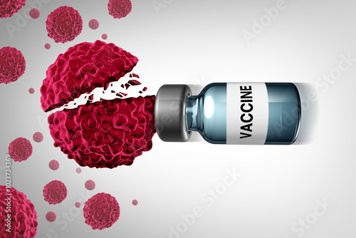 Fotografie Cancer Vaccine immunotherapy as a vacination bottle symbol for helping immune system for prevention of tumor growth medication for immunization as a Preventive Vaccines